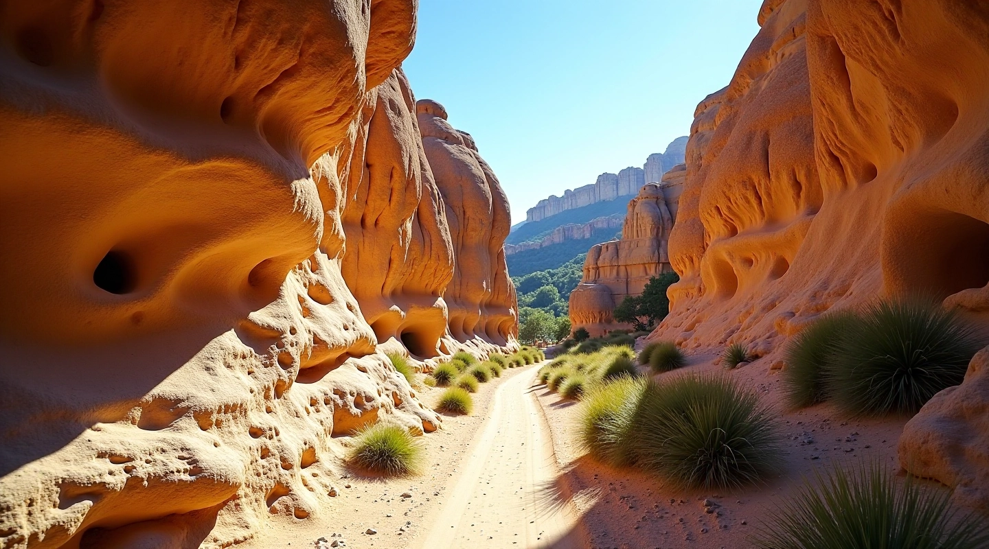 Rocky sandstone formations with winding hiking trail between tall stone walls