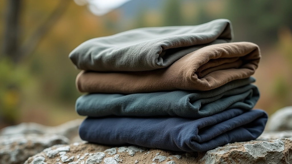 Folded hiking clothing layers including merino wool base layer, fleece, and waterproof shell jacket on outdoor surface