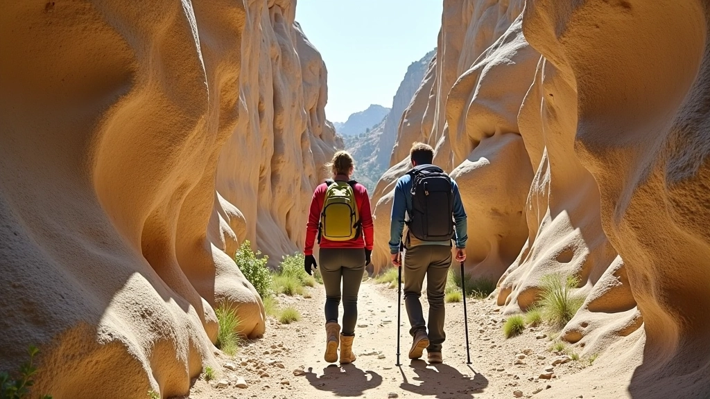 Group of hikers walking on rocky trail with sandstone cliffs rising on both sides
