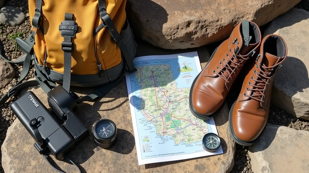 Backpack and hiking boots arranged with map and compass on natural stone surface