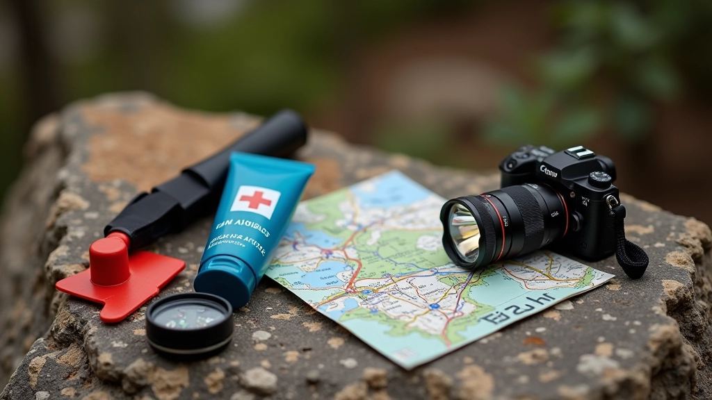 Hiking map with compass, headlamp, and first aid kit arranged on outdoor rock surface with natural sunlight