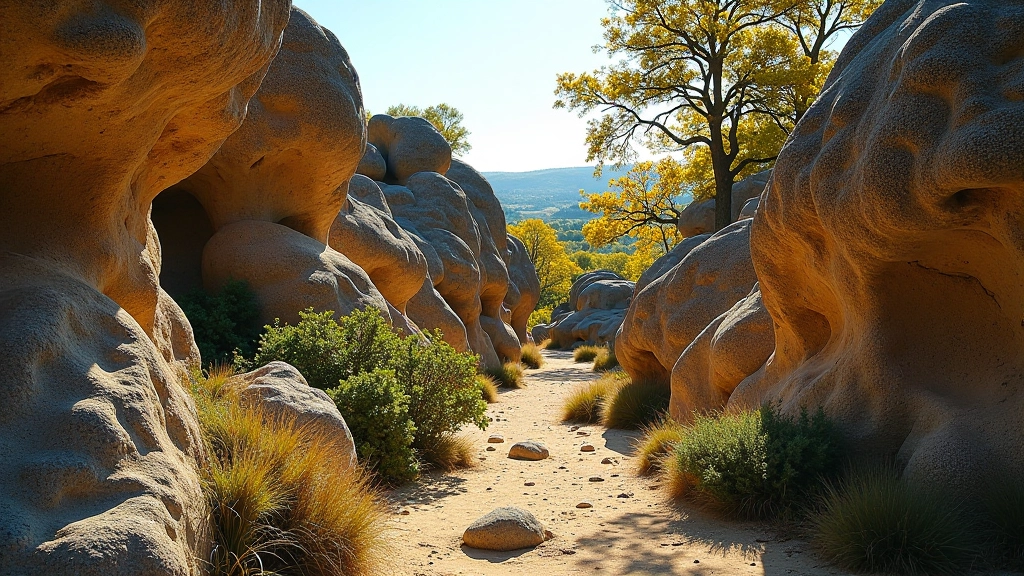 Seasonal variations of sandstone labyrinth showing spring greenery, summer fullness, autumn colors, and winter bare landscape