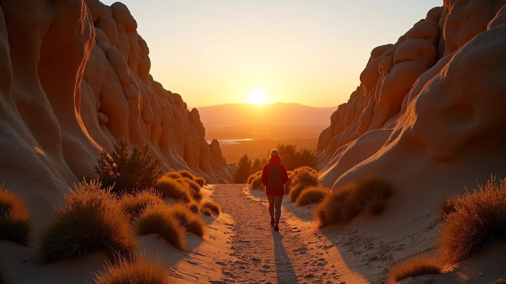 A stunning sunset view of the Adršbelvedge rock labyrinth, with warm golden light illuminating the sandstone formations and creating dramatic shadows in the narrow passages
