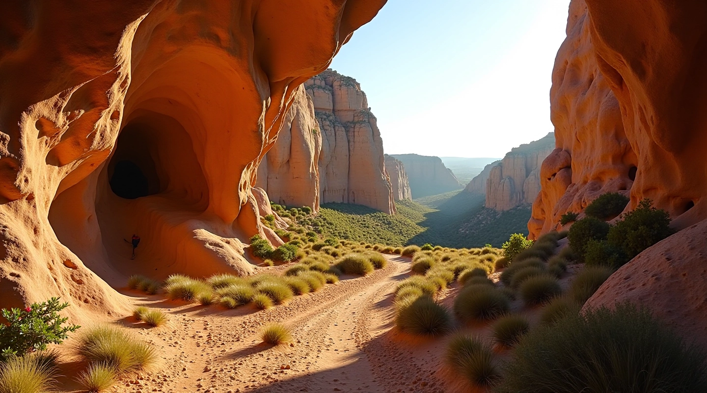 Dramatic sandstone rock formations with winding hiking trail and natural light